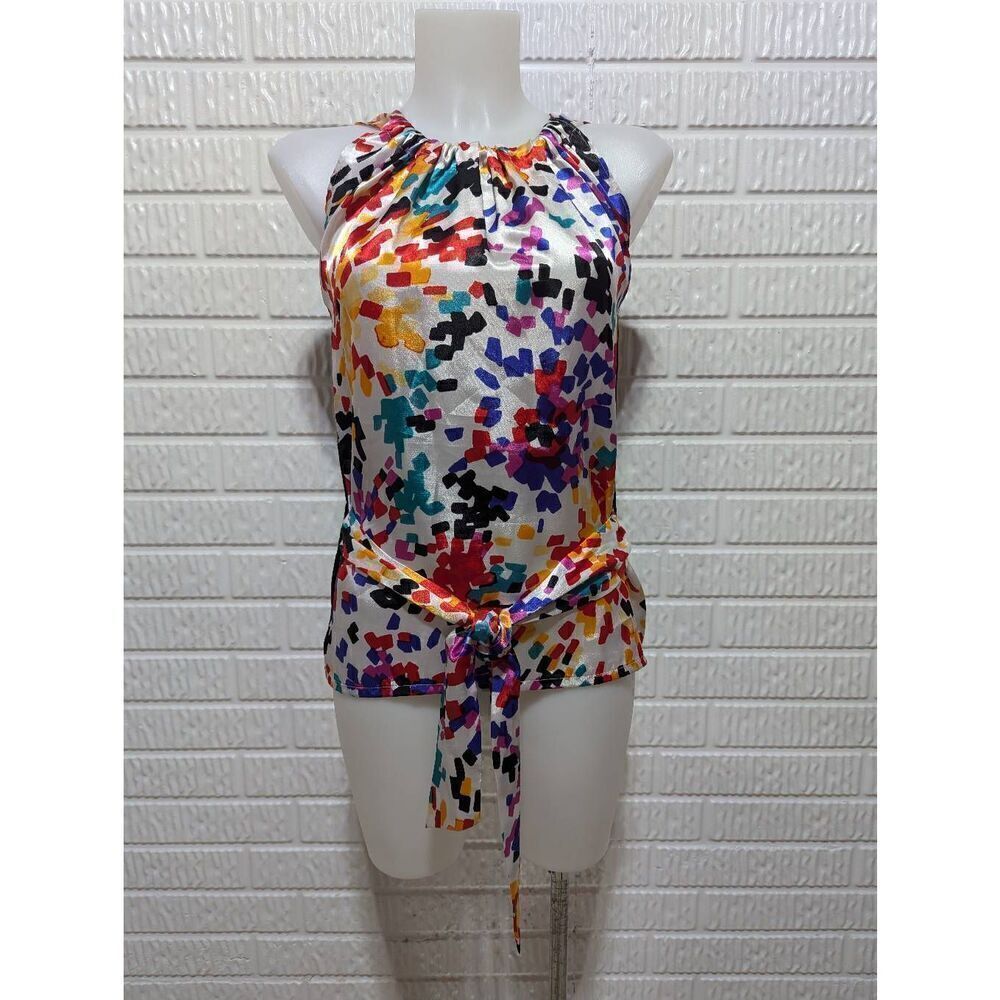 C'est City Women's Multi-Color Tie-Waist Black Knit Back Sleeveless Silk Top Siz
